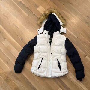 Women's White and Navy Puffer Jacket with Detachable Faux Fur Hood